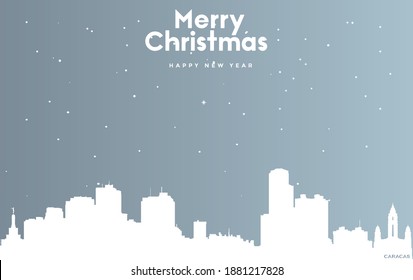 Vector Illustration Of Christmas And New Year Blue Greeting Card With White Cityscape Of Caracas