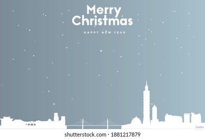 ilustración vectorial de la tarjeta de felicitación azul de Navidad y Año Nuevo con paisaje urbano blanco de Taipei