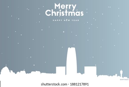 vector illustration of Christmas and new year blue greeting card with white cityscape of Santiago