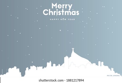 vector illustration of Christmas and new year blue greeting card with white cityscape of Rio de Janeiro