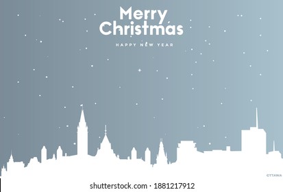 vector illustration of Christmas and new year blue greeting card with white cityscape of Ottawa
