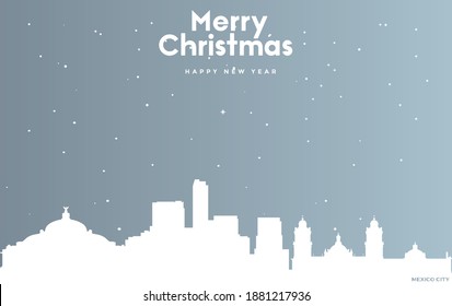 vector illustration of Christmas and new year blue greeting card with white cityscape of Mexico City