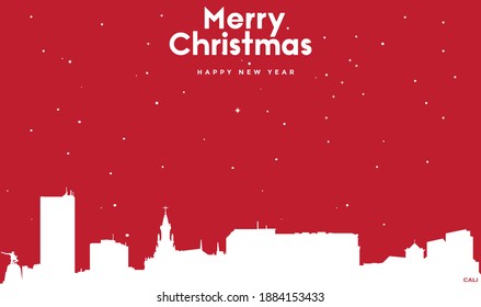 vector illustration of Christmas and new year red greeting card with white cityscape of Cali