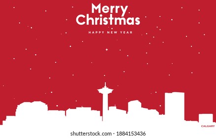 vector illustration of Christmas and new year red greeting card with white cityscape of Calgary