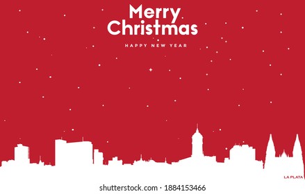 vector illustration of Christmas and new year red greeting card with white cityscape of La Plata