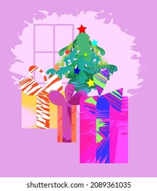 Ilustración vectorial para Navidad y Año Nuevo con la imagen de un elegante árbol de Navidad y regalos debajo