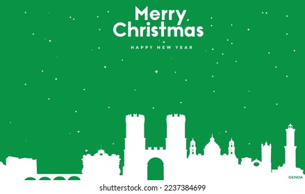 vector illustration of Christmas and New year green greeting card with white cityscape of Genoa