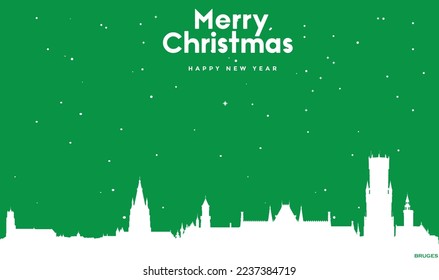 vector illustration of Christmas and New year green greeting card with white cityscape of Bruges