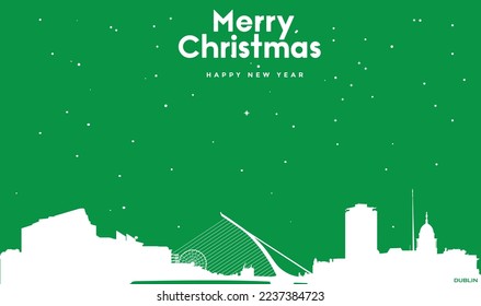 vector illustration of Christmas and New year green greeting card with white cityscape of Dublin