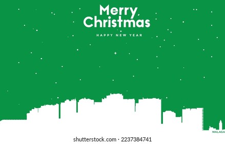 ilustración vectorial de la tarjeta de felicitación verde de Navidad y Año Nuevo con paisaje urbano blanco de Málaga