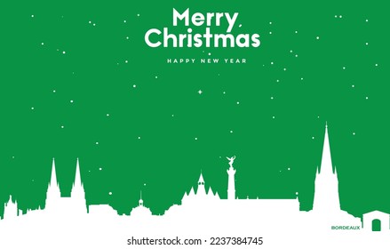 vector illustration of Christmas and New year green greeting card with white cityscape of Bordeaux