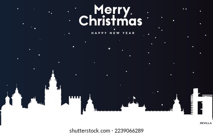 vector illustration of Christmas and New year dark blue greeting card with white panorama of Sevilla