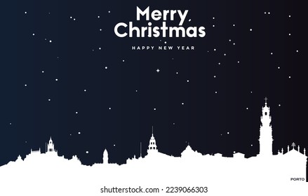 vector illustration of Christmas and New year dark blue greeting card with white panorama of Porto