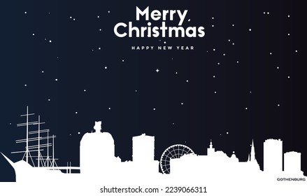 vector illustration of Christmas and New year dark blue greeting card with white panorama of Gothenburg