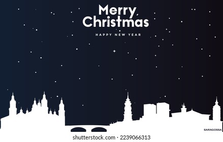 vector illustration of Christmas and New year dark blue greeting card with white panorama of Saragossa