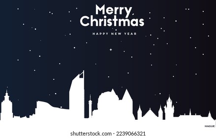 vector illustration of Christmas and New year dark blue greeting card with white panorama of Hague