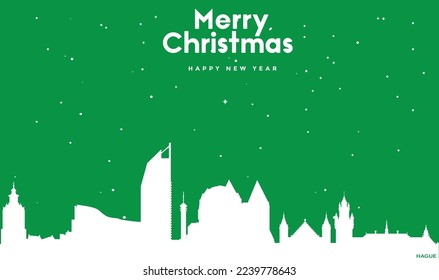 ilustración vectorial de la tarjeta de felicitación verde de Navidad y Año Nuevo con panorama blanco de La Haya