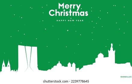 vector illustration of Christmas and New year green greeting card with white panorama of Marseilles