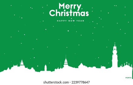 vector illustration of Christmas and New year green greeting card with white panorama of Porto