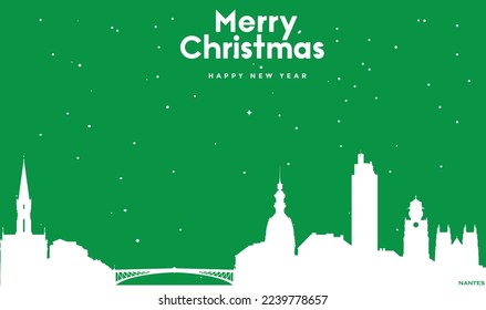 vector illustration of Christmas and New year green greeting card with white panorama of Nantes