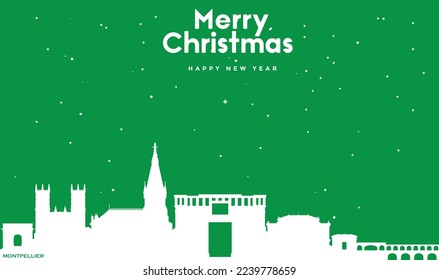vector illustration of Christmas and New year green greeting card with white panorama of Montpellier