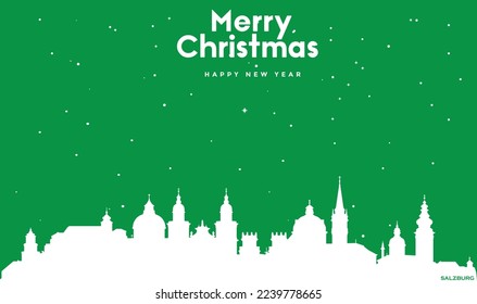 vector illustration of Christmas and New year green greeting card with white panorama of Salzburg