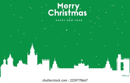 vector illustration of Christmas and New year green greeting card with white panorama of Sevilla