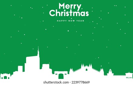 ilustración vectorial de la tarjeta de felicitación verde de Navidad y Año Nuevo con panorama blanco de Milán