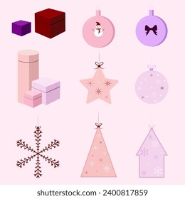 Vector illustration of Christmas and New Year decorations. A set of gifts, balls, toys on a ribbon with bows. Vector EPS 10.