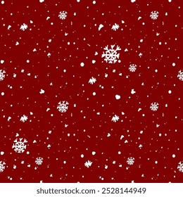 Vector illustration. Christmas and New Year seamless pattern. Snowflakes and flakes, falling snow. Scandinavian ornament. Abstract wallpaper. Snow pattern for advertising and typographic products. 