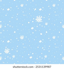 Vector illustration. Christmas and New Year seamless pattern. Snowflakes and flakes, falling snow. Scandinavian ornament. Abstract wallpaper. Snow pattern for advertising and typographic products.