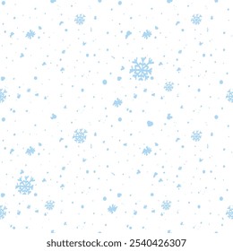Vector illustration. Christmas and New Year seamless pattern. Snowflakes and flakes, falling snow. Scandinavian ornament. Abstract wallpaper. Snow pattern for advertising and typographic products.