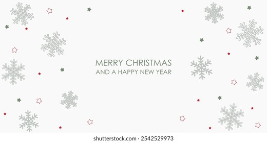 Vector illustration. Christmas and New Year greeting card in a minimalistic style. Design with mistletoe leaves, stars, snowflakes on a light background. Banner, frame, postcard, advertisement
