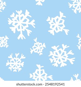 Vector illustration. Christmas and New Year seamless pattern. Snowflakes and flakes, falling snow. Scandinavian ornament. Abstract wallpaper. Snow pattern for advertising and typographic products.