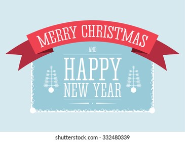 Vector illustration of the Christmas and New Year decorative sign with red ribbon.
White frame around text.