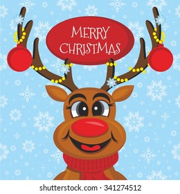 Vector illustration of a Christmas and New Year postcard with cute reindeer