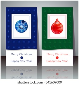 Vector illustration. Christmas and New Year greeting card. Winter cards with snowflake and ball. Holiday design. Party poster, greeting card, banner or invitation.
