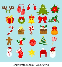 Vector illustration Christmas new year holiday decoration icons and elements set isolated on light blue background in flat style.