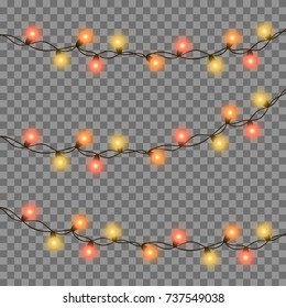 Vector illustration of Christmas, New Year lights isolated on background. Set of color string garlands. Realistic party decorations with transparency. Glowing light for holiday greeting card design.