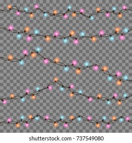 Vector illustration of Christmas, New Year lights isolated on background. Set of color string garlands. Realistic party decorations with transparency. Glowing light for holiday greeting card design.