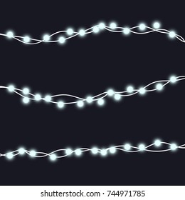 Vector illustration of Christmas, New Year lights isolated on background. Set of white string garlands. Realistic party decorations with transparency. Glowing light for holiday greeting card design