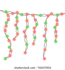 Vector illustration of Christmas, New Year lights isolated on background. Set of color string garlands. Realistic party decorations with transparency. Glowing light for holiday greeting card design.