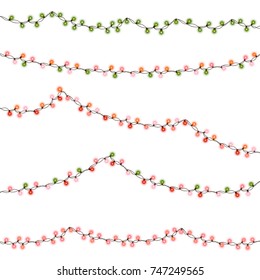 Vector illustration of Christmas, New Year lights isolated on background. Set of color string garlands. Realistic party decorations with transparency. Glowing light for holiday greeting card design.
