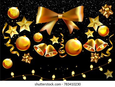 Vector illustration of Christmas and New Year  background on black. Golden bowl, golden stars, confetti, golden new year symbols on black. 