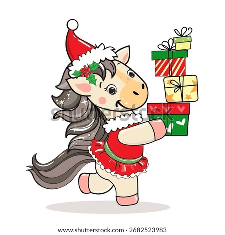 Vector illustration with christmas and new year horse with gifts on a white background. Chinese symbol 2026 new year. Zodiac animals