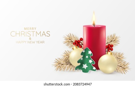 Vector illustration of Christmas and New Years.  Christmas composition with candle, branches of a christmas tree, holly, christmas balls
