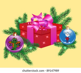 Vector illustration. A Christmas and New Year's card, with a gift box, a fur-tree, Christmas spheres. On spheres a symbol of 2012 a dragon and a symbol of 2011 a rabbit.