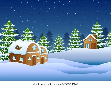 Vector illustration of Christmas night with a fir tree and snowy houses