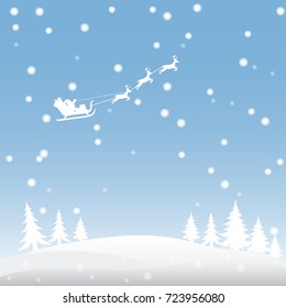 Vector illustration of christmas night landscape with santa claus, reindeer and snow fall