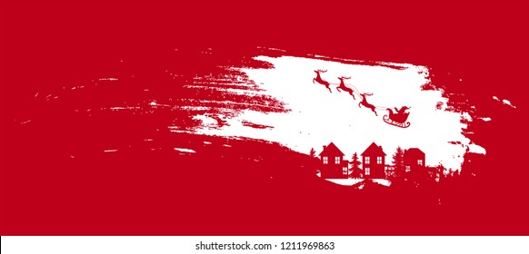 vector illustration of Christmas Night on brush stroke, santa claus sleigh in the sky